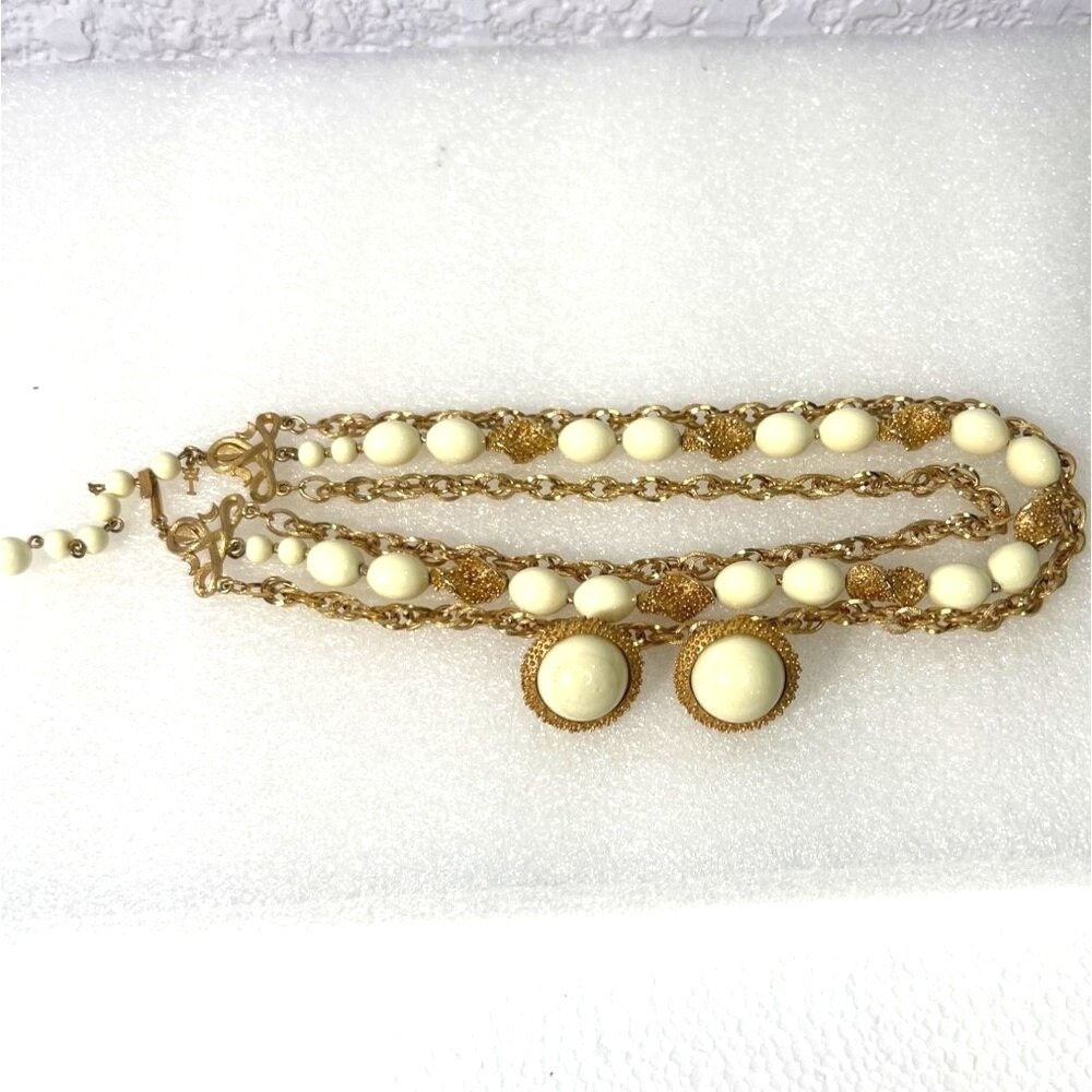 Vintage Trifari Necklace and Clip on Earrings Set Cream Lucite Beads Gold Tone
